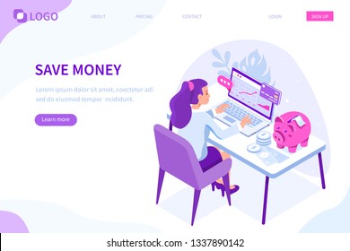 Money saving concept with character. Can use for web banner, infographics, hero images. Flat isometric vector illustration isolated on white background.