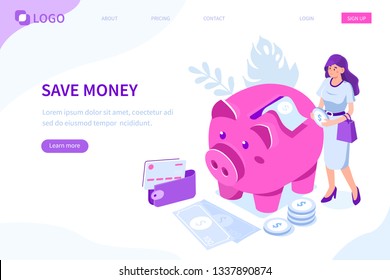 Money saving concept with character. Can use for web banner, infographics, hero images. Flat isometric vector illustration isolated on white background.