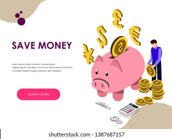 Money saving concept with character. Can use for web banner, infographics, hero images. Flat isometric vector illustration isolated on white background. 