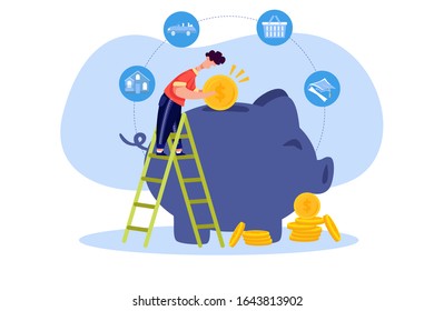 Money Saving concept with character. Can use for web banner, mobile app, hero images. Flat vector illustration on white background.