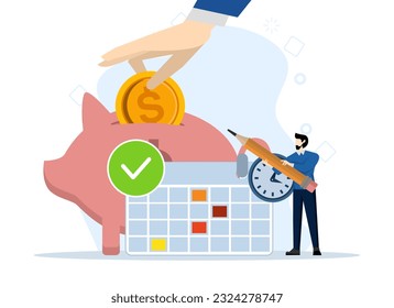 Money saving concept Daily, monthly and yearly savings Strictly. Financial planning ensures financial stability. Businessman keeps keeping date on calendar. flat vector illustration on background.