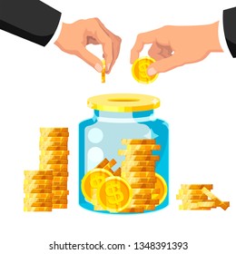 Money saving. Concept of flat money saving dollar coin in jar