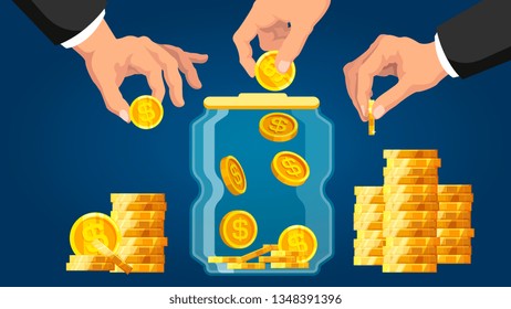 Money saving. Concept of flat money saving dollar coin in jar