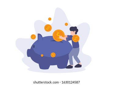 Money saving concept. Flat vector illustration. A man put dollar coins into piggy bank. Elements for banner, ui, flyer, web, landing page, and poster.