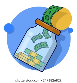 Concepto de ahorro de dinero. Dinero y monedas de oro en un tarro o saco de dinero. Pon las monedas de oro en un frasco con la etiqueta de ahorros. Idea creativa de ahorrar dinero, dinero, dinero o dinero. Ilustración vectorial plana.