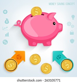 Money saving concept. Golden coins putting into a pink piggy bank. 