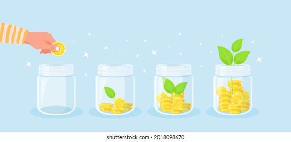 Concepto de ahorro de dinero. La mano pone las monedas en frasco para ahorrar. La planta verde crece con dinero. Crecimiento de los ingresos. Aumenta el ahorro financiero. Inversión. Ilustración del vector