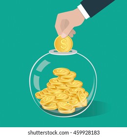 Money saving concept. Hand putting a coin into glass bottle. Vector illustration