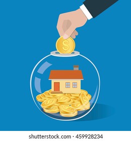 Money saving concept. Hand putting a coin into glass bottle. Saving to buy a house or home. Vector illustration.