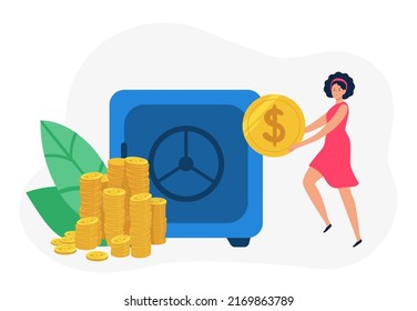 Concepto de ahorro de dinero, mantener las finanzas seguras en el acero. Acero de depósito bancario, caja de seguridad para efectivo y monedas, ilustración vectorial de protección de empresas