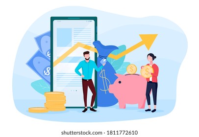 Money saving concept with a man and a woman standing in the background of a smartphone growing graph and piggy Bank. Flat vector illustration