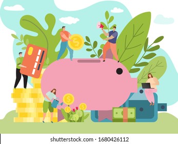 Money saving concept, people put coins in piggy bank money box, financial investments, vector illustration. Team of cartoon characters in flat work together, tiny men women growing business income