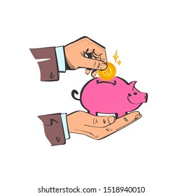 Money saving concept. Money in a piggy bank. Vector illustration flat design. Isolated on white background. Coin in hands, putting in a piggy bank. Cartoon sketch style.