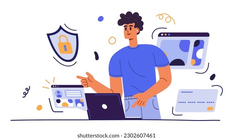 Money saving concept. Secure payment modern flat concept for web banner design. Man makes online payment. Protection of transactions. Vector illustration