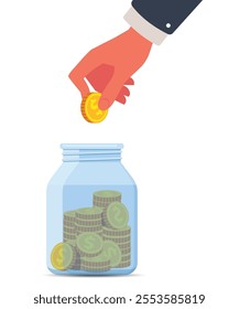 Money saving concept stock illustration. Hand puts a gold coin in the jar. Save your money concept. Vector illustration in flat style