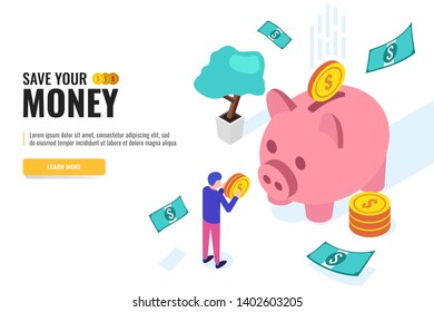 Money saving concept. User holds coins. Web banner, infographics. Isometric vector illustration.