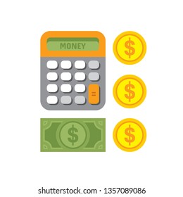 Money saving concept vector illustration in flat design style. Finance calculator, dollar coins and bank note. Creative symbols and icons.