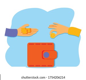 Money saving concept. Vector illustration in flat style design. Wallet full of coins, hand with coin. Finance symbols and icons.