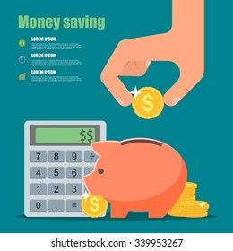 Money saving concept. Vector illustration in flat style design. Piggy bank, calculator and hand with coin. Finance symbols and icons.