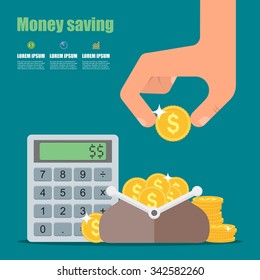 Money saving concept. Vector illustration in flat style design. Wallet full of coins, calculator and hand with coin. Finance symbols and icons.