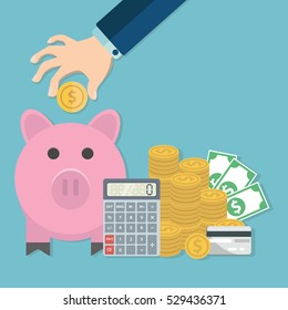 Money saving concept. Vector illustration in flat style design. Piggy bank, calculator and hand with coin. Finance symbols and icons