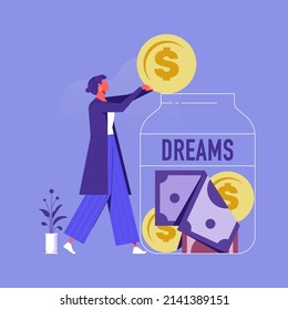 Money saving concept. Woman putting money into money jar with text dream
