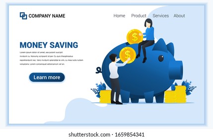 Money saving concept with young people puting money into piggy bank. Can use for web banner, infographics, landing page, web template. Flat vector illustration