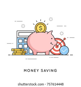 Money saving, deposit investment, budget management, economy. Flat line art style concept. Vector banner, icon, illustration. Editable stroke.