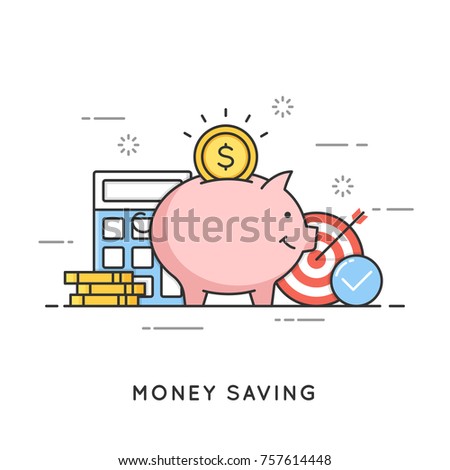 Money saving, deposit investment, budget management, economy. Flat line art style concept. Vector banner, icon, illustration. Editable stroke.