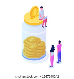 Money saving, dollar coin in jar, Success financial growth isometric concept with stacks of golden coins. Vector illustration