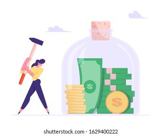 Money Saving and Finance Problems Concept. Business Woman Hitting Huge Glass Jar with Hammer going to Take Coins and Bills from Moneybox. Financial Investment Deposit. Cartoon Flat Vector Illustration