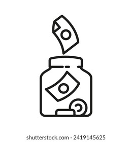 Money saving glass jar icon. black and white line icon.