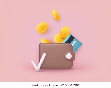 Money saving icon concept. Wallet with coins and credit card. 3D Web Vector Illustrations.