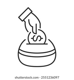Money saving icon. hand drop a coin in jar. Vector thin line financial icon.