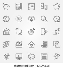 Money saving icons - vector set of finance and money economy symbol or logo elements in thin line style