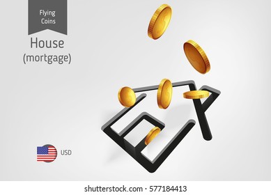 Money saving illustration with dollar coins, house coin box, mini box, mortgage concept.
