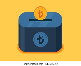 Money Saving Illustration with turkish lira coins, coin box, mini box, piggy bank