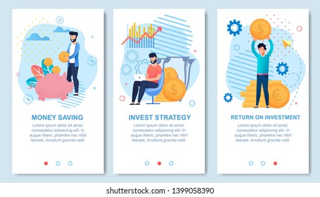 Money Saving, Invest Strategy, Return On Investment Social Media Set For Network Stories With Editable Text Advert. Men Hold Gold Coins, Put Cash In Piggy Bank, Work On Laptop. Vector Illustration