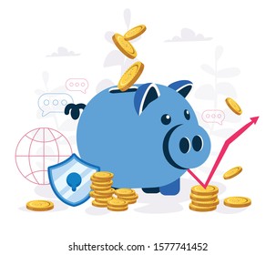 Money saving, invest strategy, save coins in piggy bank, Vector illustration for web banner, infographics, mobile. Budget, Future financial planning