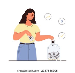 Money saving, investing, deposit growth. Personal finance management. Young woman putting money into money jar. Cartoon flat vector illustration.	
