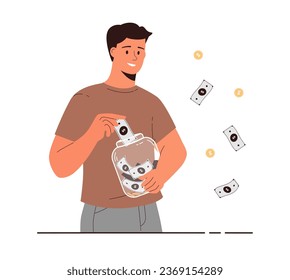 Money saving, investing, deposit growth. Personal finance management. Young man putting money into money jar. Cartoon flat vector illustration.	
