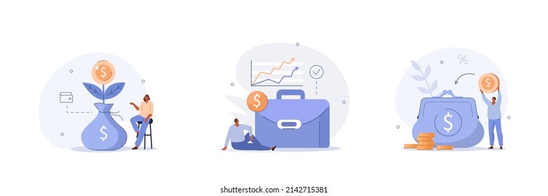 Money Saving And Investing Illustration Set. Characters Managing Investment Portfolio, Planning Invest Strategy, Savings And Budgets. Financial Management Concept. Vector Illustration.