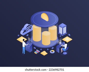 Money Saving Isometric Dark Gradient Illustration. Suitable for Mobile App, Website, Banner, Diagrams, Infographics, and Other Graphic Assets.
