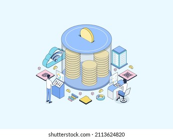 Money Saving Isometric Illustration Lineal Color. Suitable for Mobile App, Website, Banner, Diagrams, Infographics, and Other Graphic Assets.