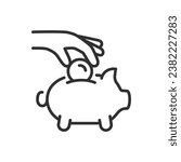 Money Saving, linear icon. Saving and preserving finances. Hand putting a coin in a piggy bank. Line with editable stroke