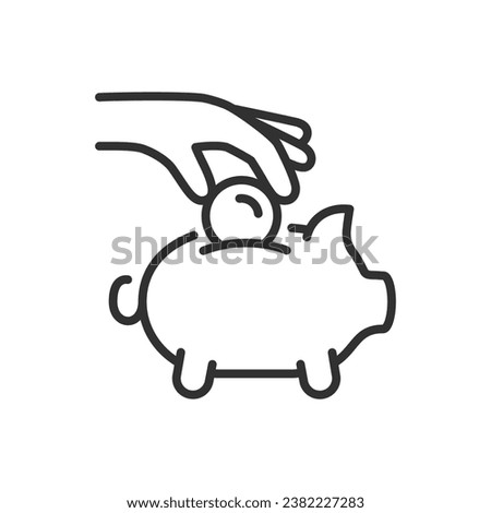 Money Saving, linear icon. Saving and preserving finances. Hand putting a coin in a piggy bank. Line with editable stroke