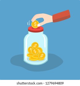 Money saving on glass jar. Dollar gold coin in jar.  Money container.