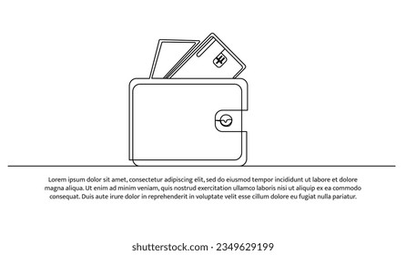 Ahorro de dinero en un diseño de línea continua. Ilustración del símbolo del dinero con billetera. Elementos decorativos dibujados sobre un fondo blanco.