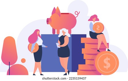 Ilustración vectorial plana que ahorra dinero a la gente. Monedas de oro en un banco de cerdos. Ahorra dinero, inversiones y concepto de economía.