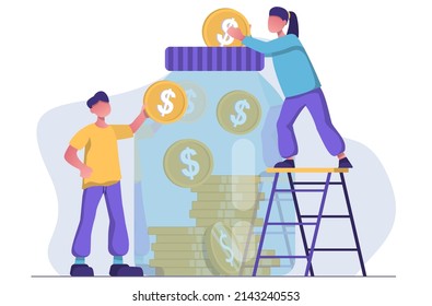 Ahorro de dinero. La gente puso dinero en el frasco. El banco de cerdos